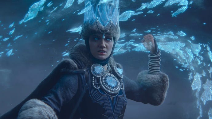 A Kislev ice witch charges her magic in the Total War: Warhammer 3 cinematic trailer.
