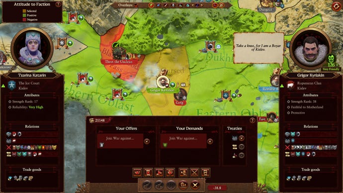 Total War Warhammer 3 player negotiation with another faction to declare war on various enemies. The map in the background represents political relationships with all nearby factions.
