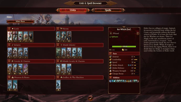 Total War Warhammer 3 Unit Strengths and Weaknesses page, showing all Kislev units