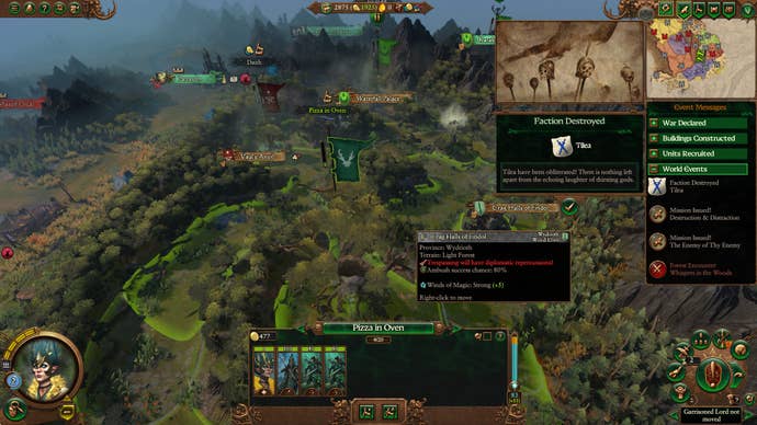 A screen showing a battlefield in Total War Warhammer 3 Immortal empires. A goblin called ‘Pizza In The Oven’ is selected