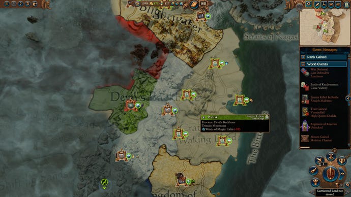 A zoomed out view of the map in Total War Warhammer 3 Immortal Empires, showing different faction areas