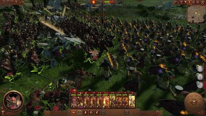 A pitched battle in Total War Warhammer 3 Immortal Empires, showing cavalry charging into pikes