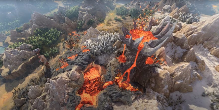A screenshot of a lava mountain and firebelly ogre in Total War: Warhammer 3’s campaign map.
