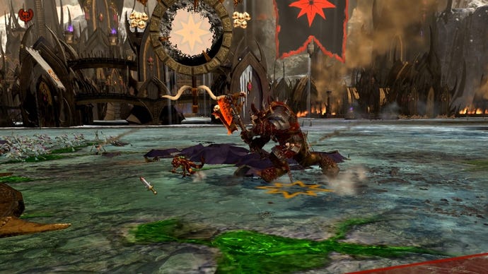 A large bull character finishes off a monster in Total War: Warhammer 2