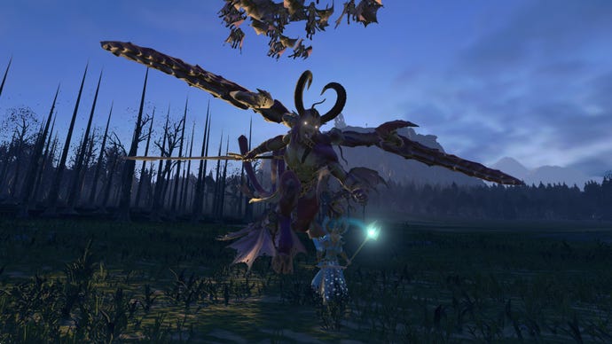 A huge demon pursuing a smaller hero in Total War Warhammer 3