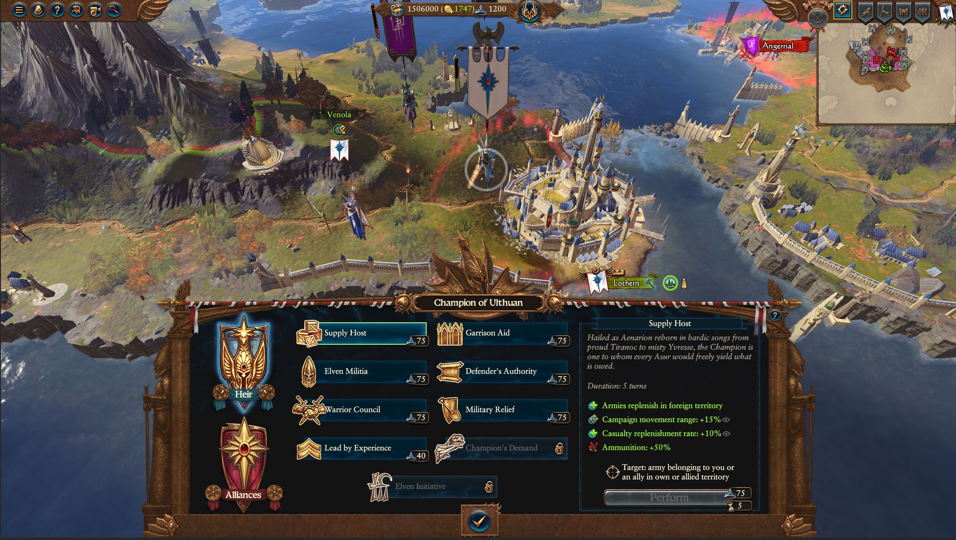 A Total War: Warhammer 3 screen showing High Elf lord Tyrion's new abilities as of the December 2025 free update, plus a section of campaign map. - 1