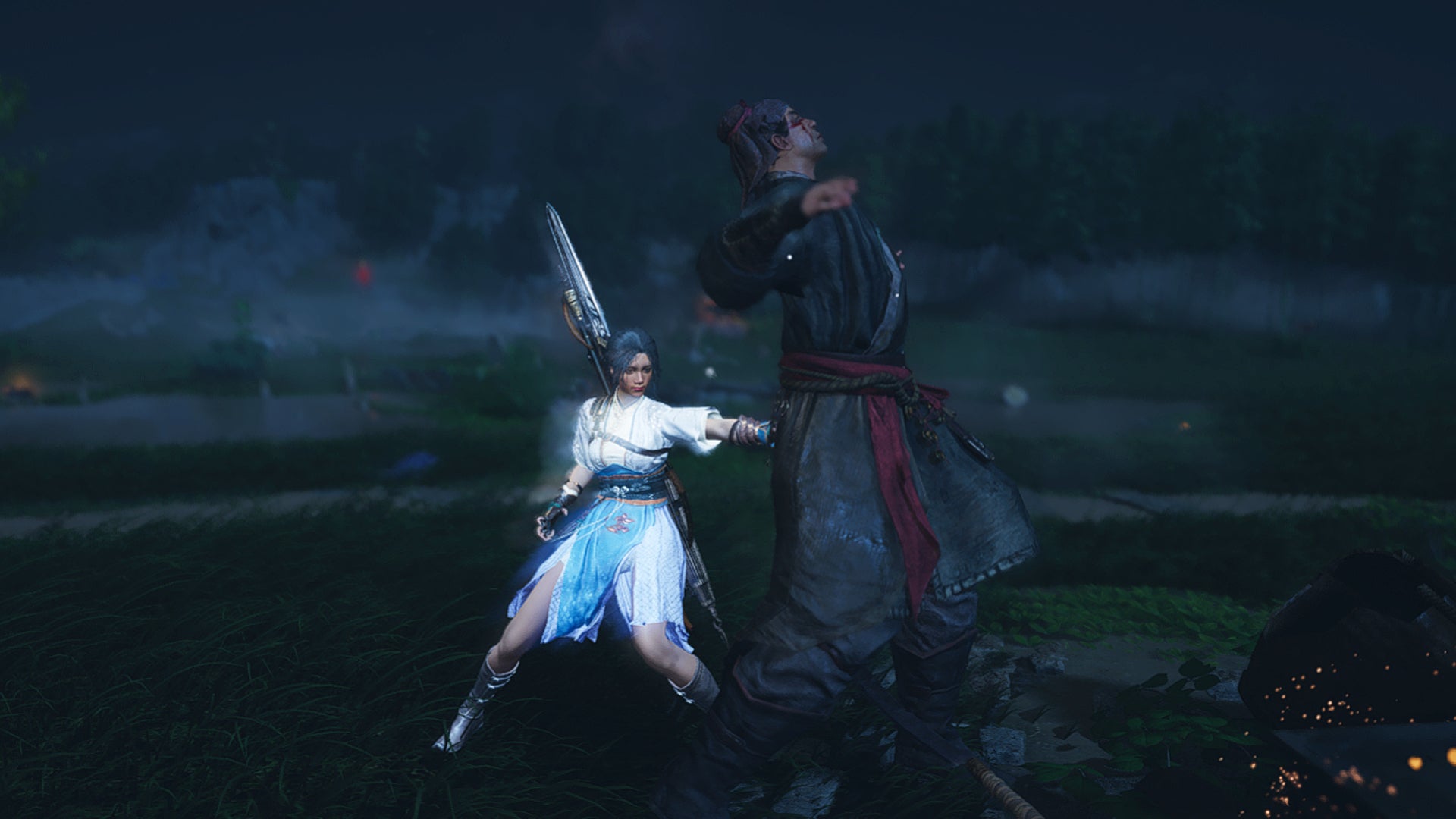 A female Where Winds Meet character delivers a devastating sneak attack to an enemy's back in Where Winds Meet. - 1