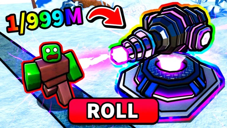 Artwork for the Roblox game Tower Defense RNG, showing a cartoon gun turret firing at a Robloxified zombie-style character. - 1