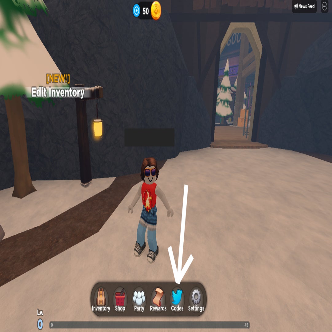 Tower Defense Simulator, une flèche blanche pointe vers l'icône Twitter en bas de l'écran