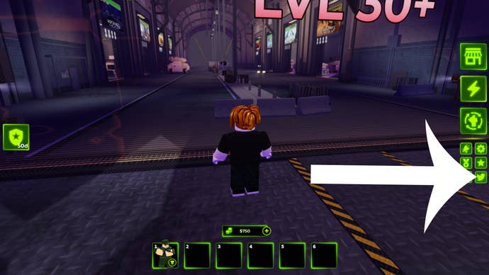 Arrow pointing at the codes button in the Roblox game Tower Defense X.