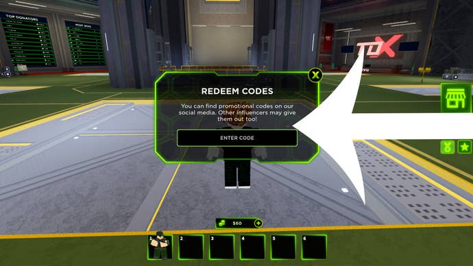 Arrow pointing at the codes menu in the Roblox game Tower Defense X.