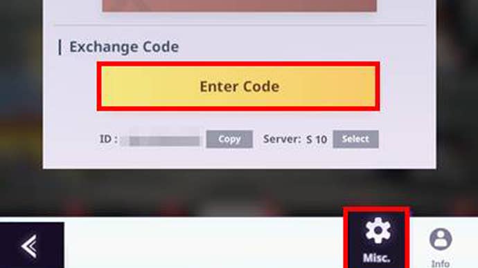 The 'Enter Code' button in the Android version of Tower of God New World.