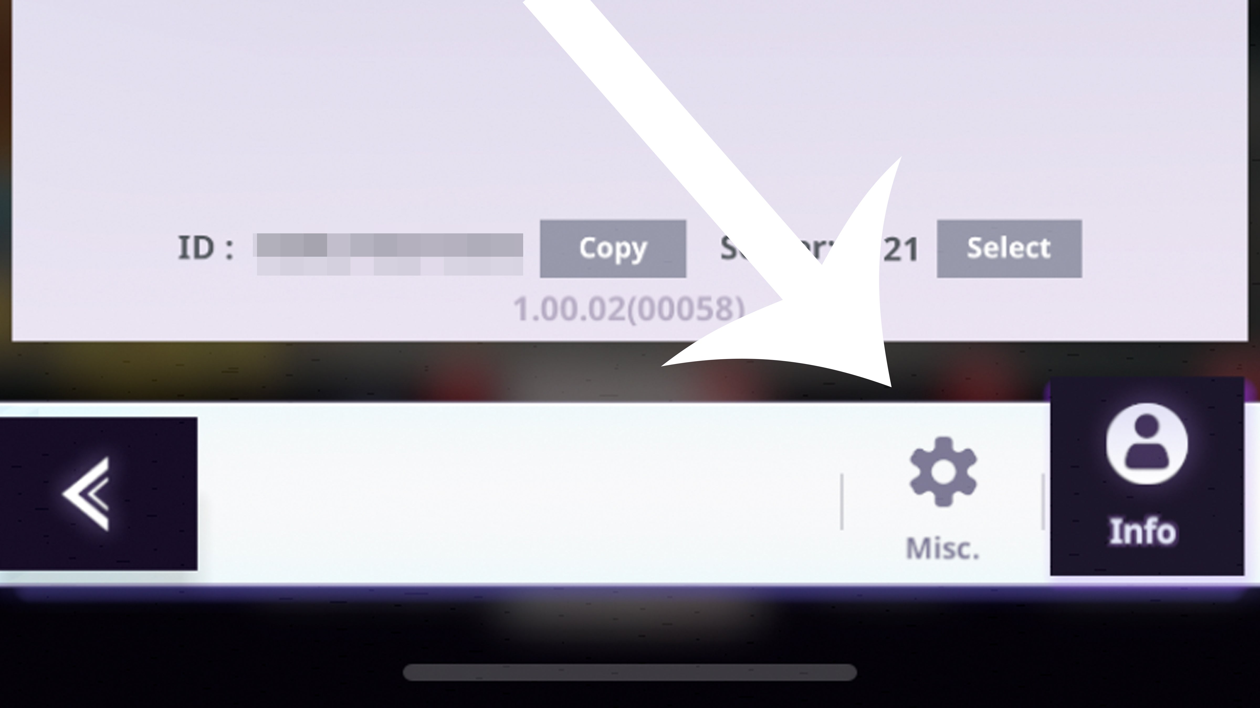 Arrow pointing at the Misc. button in Tower of God New World. When pressed in Android this lets players access the Codes redeem section.