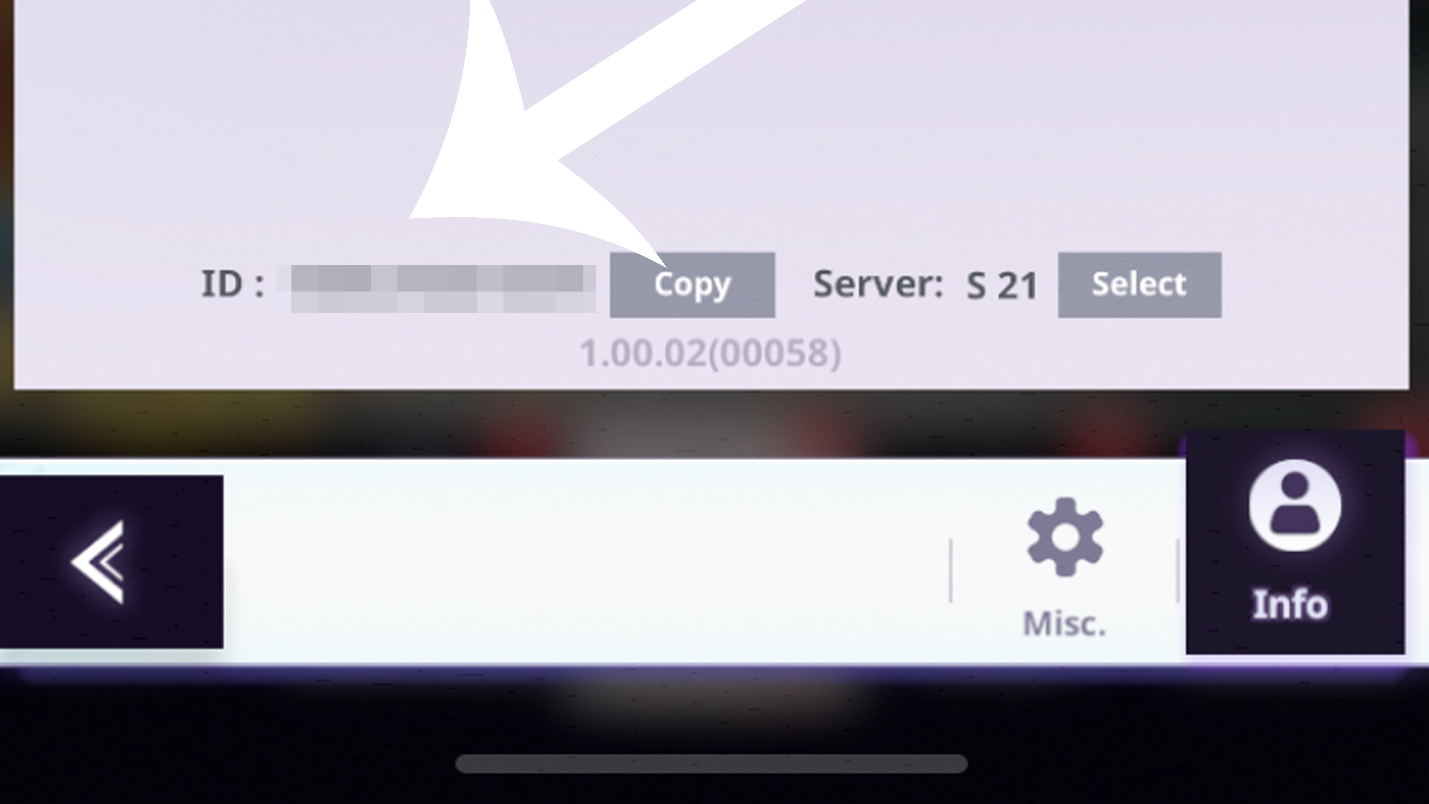 Arrow pointing at the user ID section in Tower of God New World.