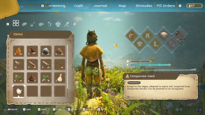 The player looks at their inventory, filled with seeds, wood, and more.