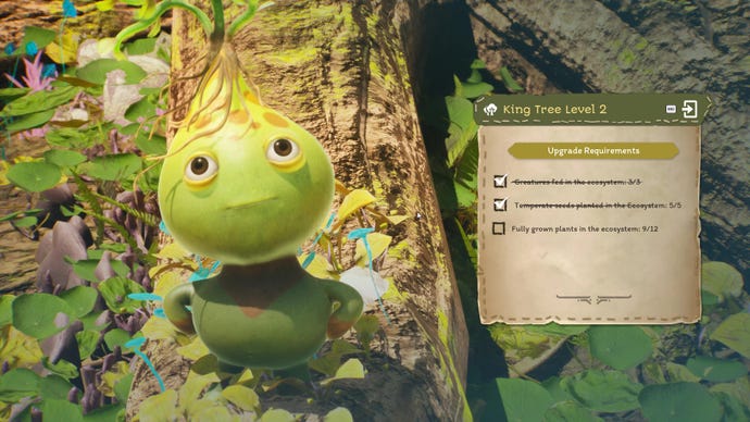 A small, green seed sprite looks up at the player. A checklist box sits to the right of the sprite.