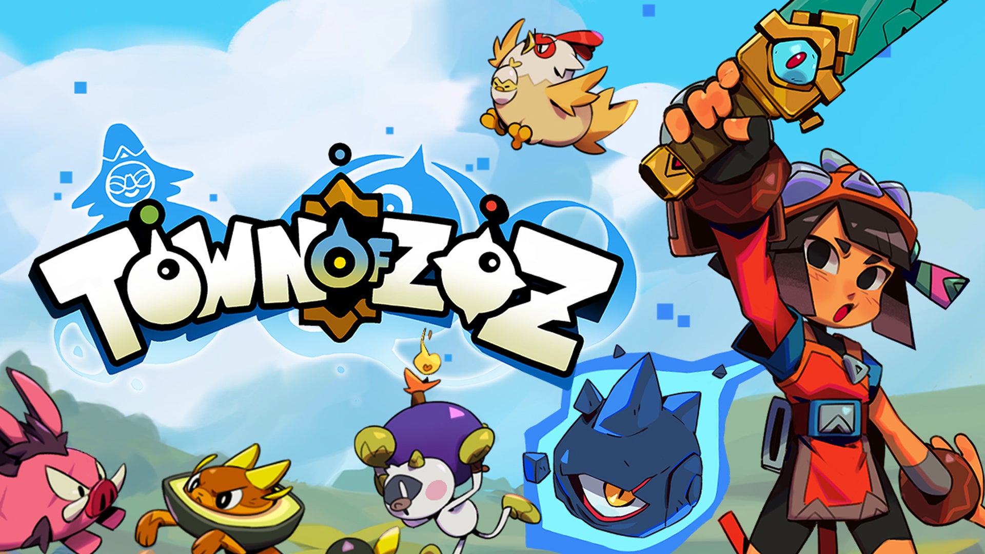 Key art for Town of Zoz showing a chracter holding up a sword, a blue flaming floating sentient rock with an eye next to them, various creatures and animals in the background. - 1