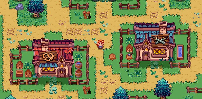 A village centre with a bakery and weapons shop and the player standing on a path between them.