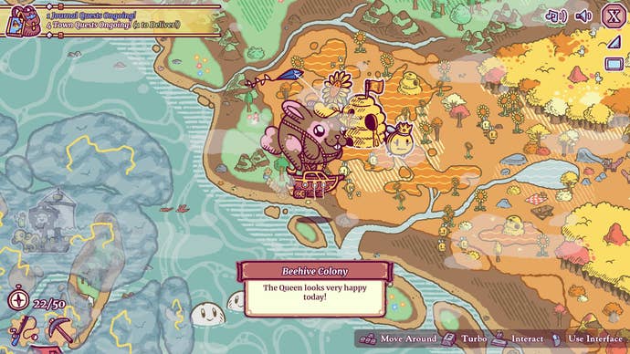 An airship with a bunny-shaped balloon hovers off the coast of a bee kingdom in Townseek.