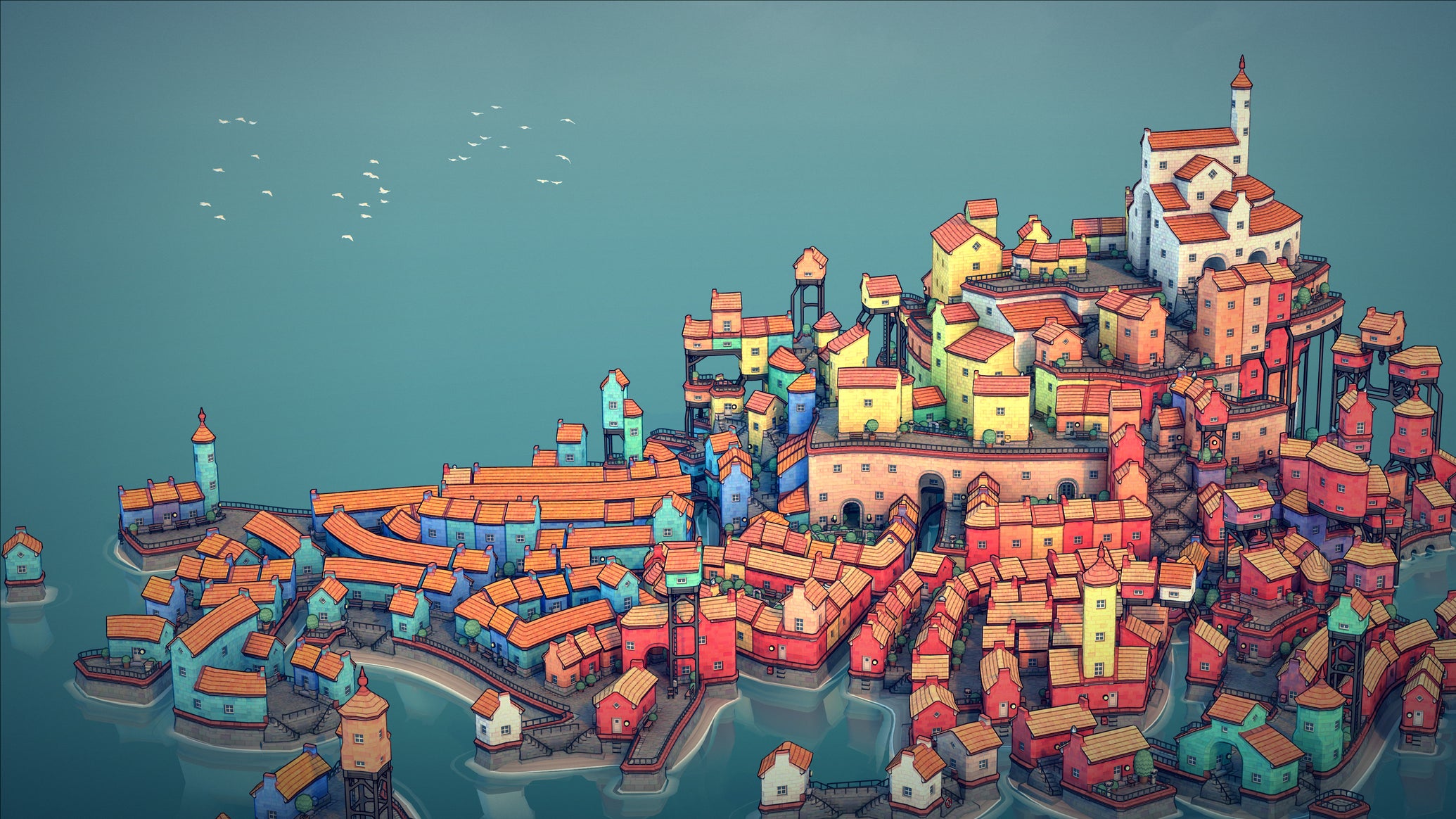 A pretty island town in a Townscaper screenshot. - 1
