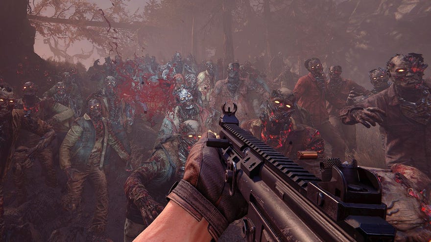 The player aiming a gun at a crowd of zombies in John Carpenter’s Toxic Commando