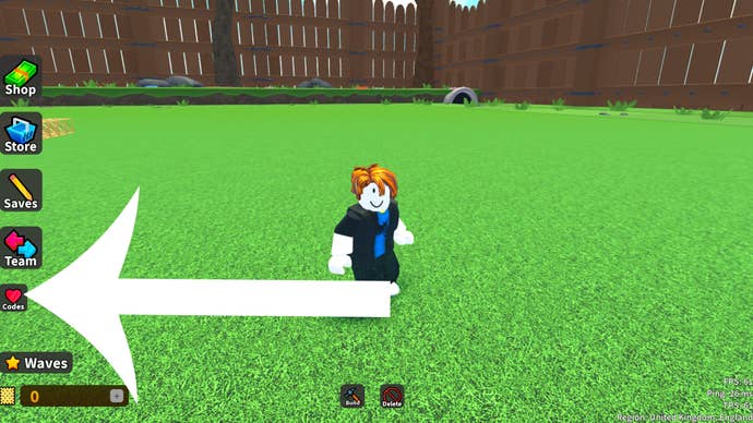 Arrow pointing at the button players need to press to redeem a code in Roblox game Toy Defense.