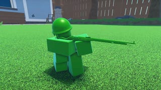 A toy soldier character pointing a rifle in Roblox game Toy Defense.