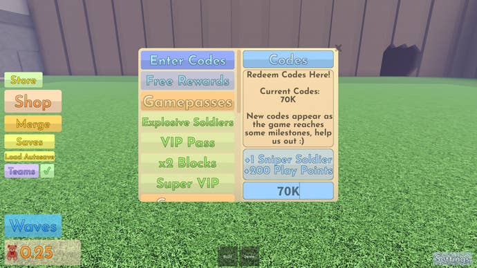 The codes menu in Toy SoldierZ showing what one code offers Roblox players.