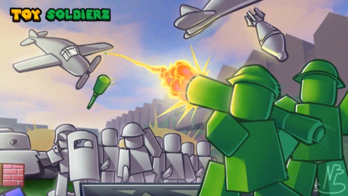 Artwork for Roblox game Toy SoldierZ showing toy soldiers fighting incoming enemies.