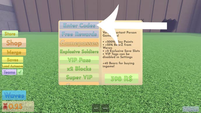 Arrow pointing at the button players need to press to access the codes menu in Toy SoldierZ.