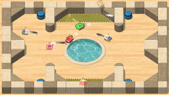 A group of toy-like tanks fire at each other in an arena from Toy Tanks
