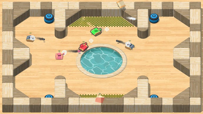 A group of toy-like tanks fire at each other in an arena from Toy Tanks