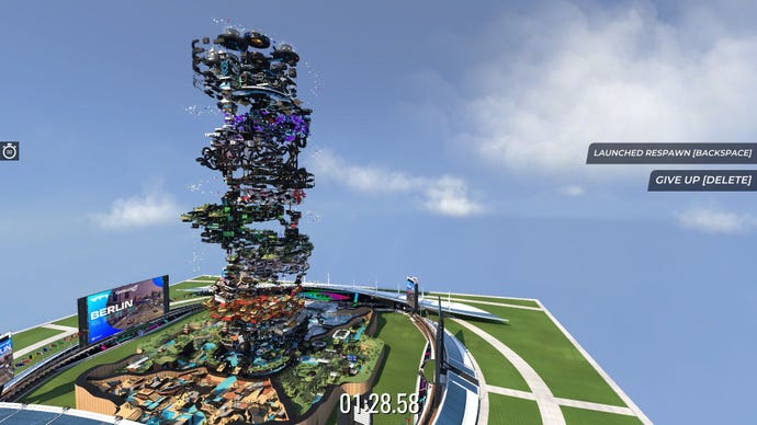 The racetrack Deep Dip 2 towers over a field in Trackmania
