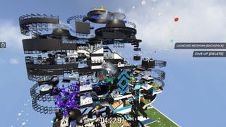 Scaffolding surrounds the tower of Deep Dip 2 in Trackmania.