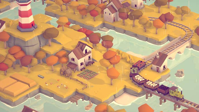 A train trundles around autumnal islands in an Islands & Trains screenshot.