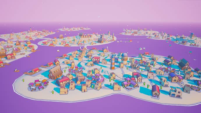 Looking out over an island filled with buildings in cozy city-builder Tranquil Isle