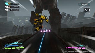 Bumblebee leaps up from the track in bot form in Transformers: Galactic Trials