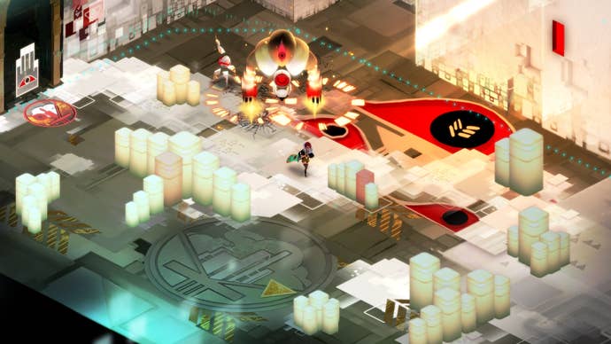 A red-haired woman wields a big sword in a futuristic battle arena in Transistor