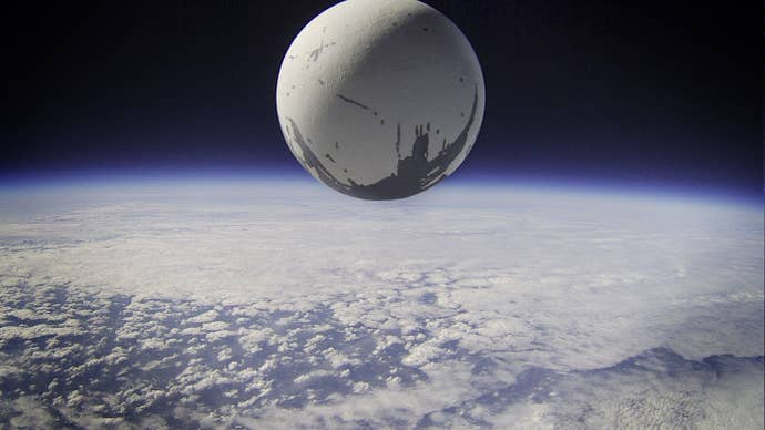 A Destiny 2 image showing the enormous spherical Traveler hovering above the Earth’s orbit.