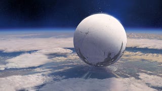 Destiny's moon-like Traveller god hovering very close above what I imagine is probably Earth. It's almost completely white but with some machinery showing on a peeled away surface at the bottom.