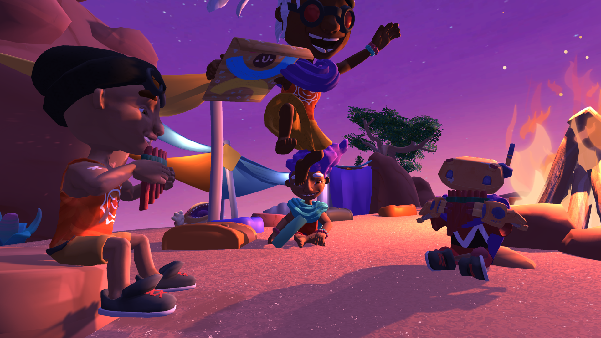 Tray Racers characters around a campfire