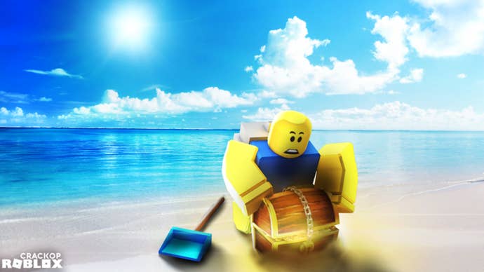 Artwork for the Roblox game Treasure Hunt Simulator, showing a Robloxified character next to a glowing treasure chest.
