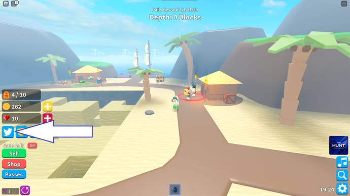 A screenshot from Treasure Hunt Simulator in Roblox showing the game's codes button.