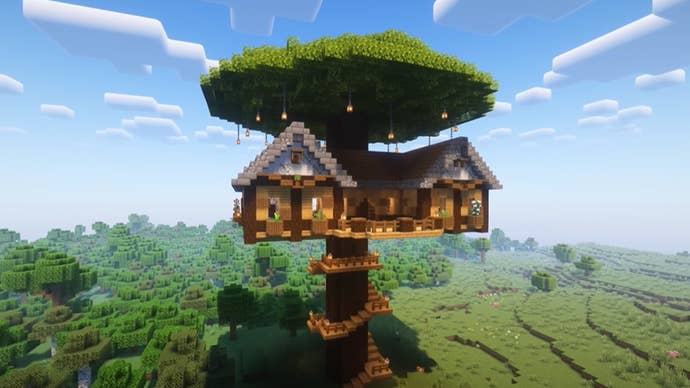 A Minecraft treehouse covered by a large leaf canopy that resembles a roof.