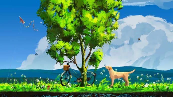 A dog is stood next to a tree, a bike perched against it, on a blue sunny day in Treeplanter.