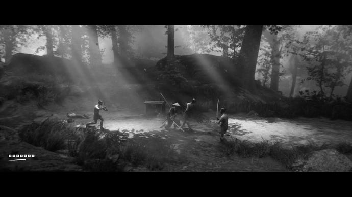 A screenshot from Trek To Yomi which shows Hiroki slice up some bandits in a forest.