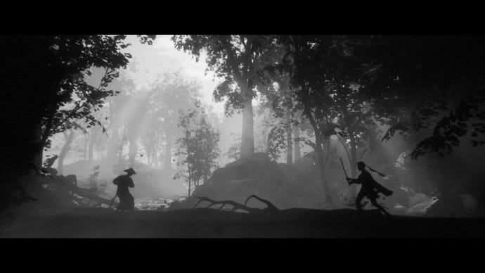 A screenshot from Trek To Yomi which shows two samurai face face off in a forest glade.