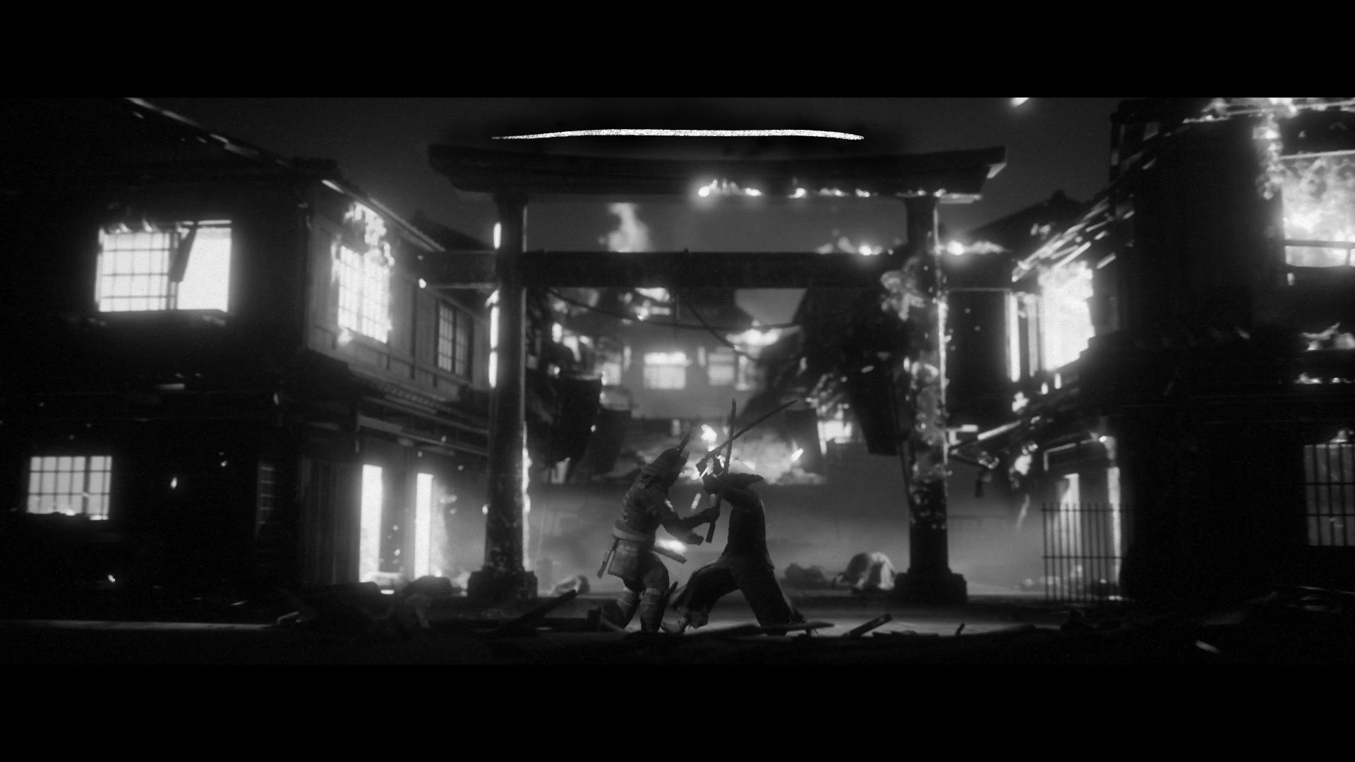 Hiroki and his arch nemesis clash as the town burns behind them in Trek To Yomi.