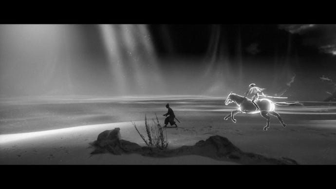 Hiroki treks across desert sands as a horseback rider prepares to attack in Trek To Yomi.