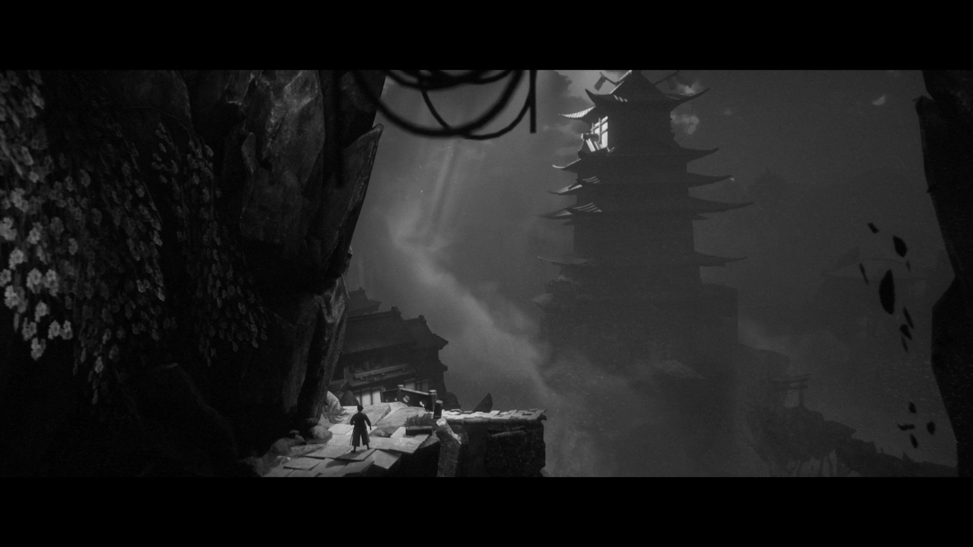 Hiroki looks upon a looming temple in Trek To Yomi.